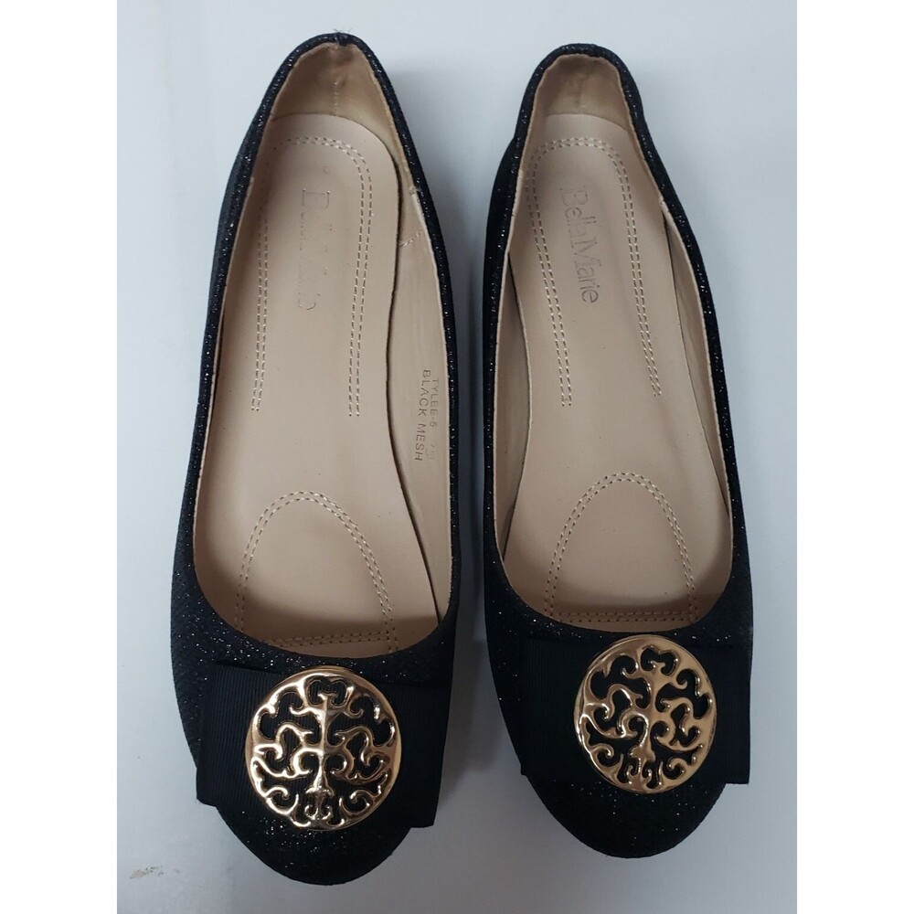 Bella Marie Women' Ballet Flat Black Glitter With Bow Shoe Sz7.5 Preowned Excel